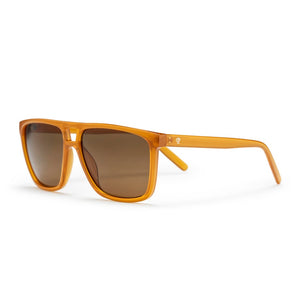 Orange sunglasses with brown lenses on a white background
