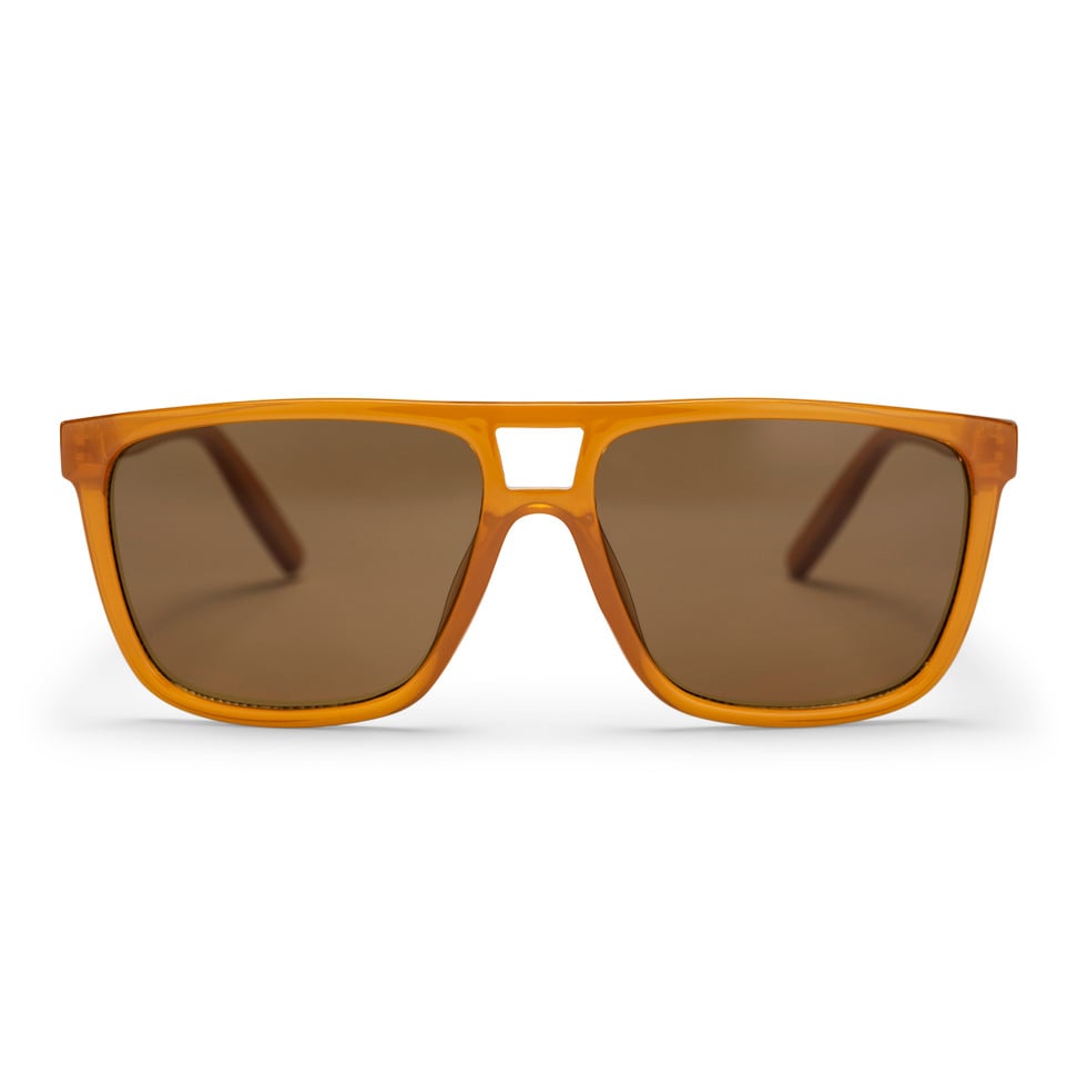 Brown sunglasses with an orange frame on a white background