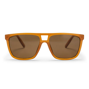 Brown sunglasses with an orange frame on a white background