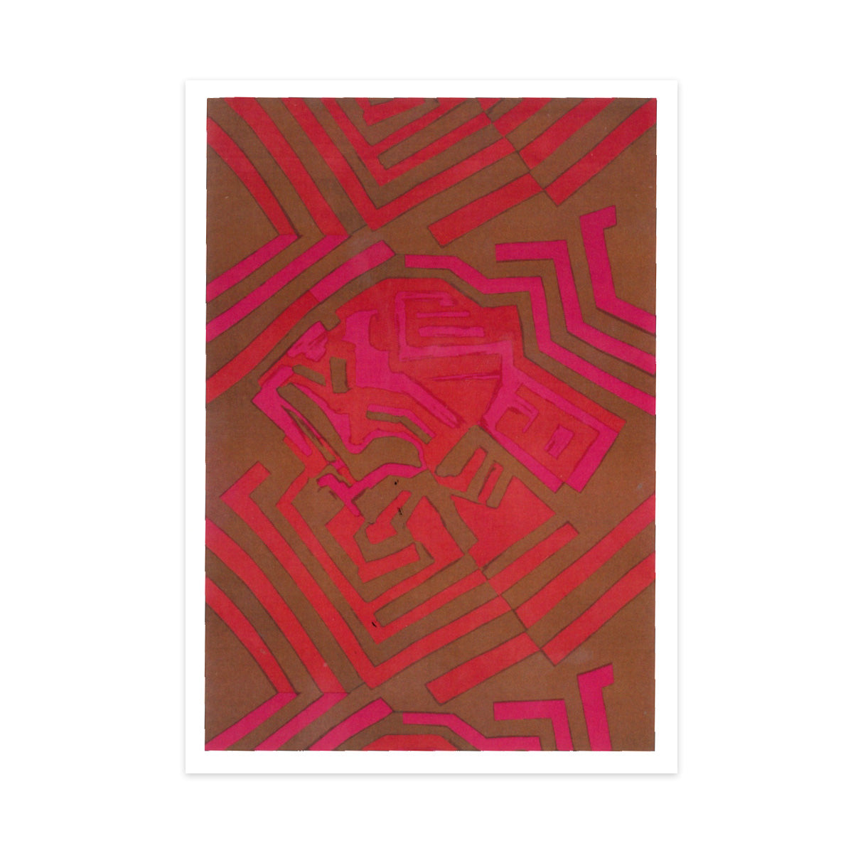 Greetings card featuring a pink and red geometric design by Shirley Craven.