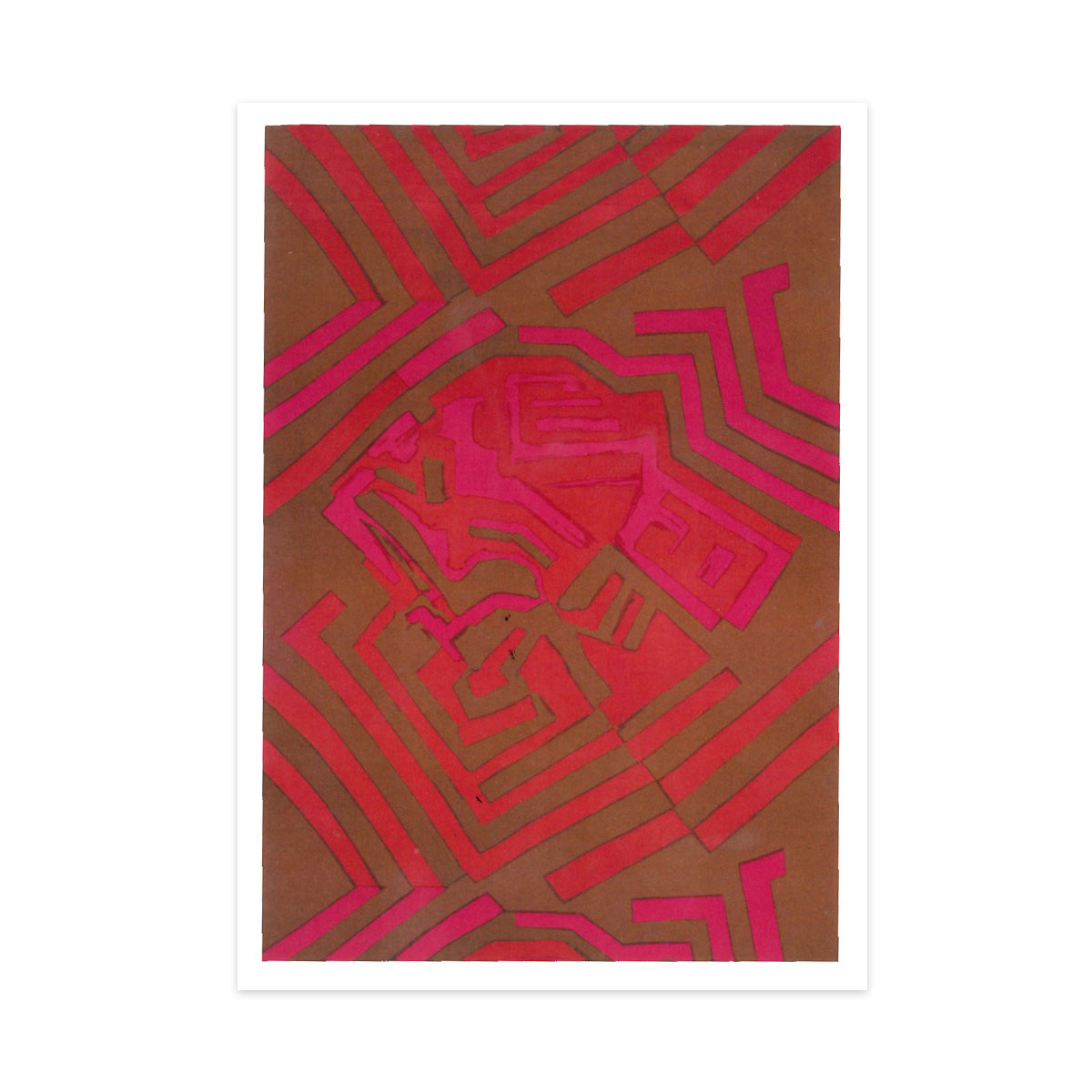 Greetings card featuring a pink and red geometric design by Shirley Craven.