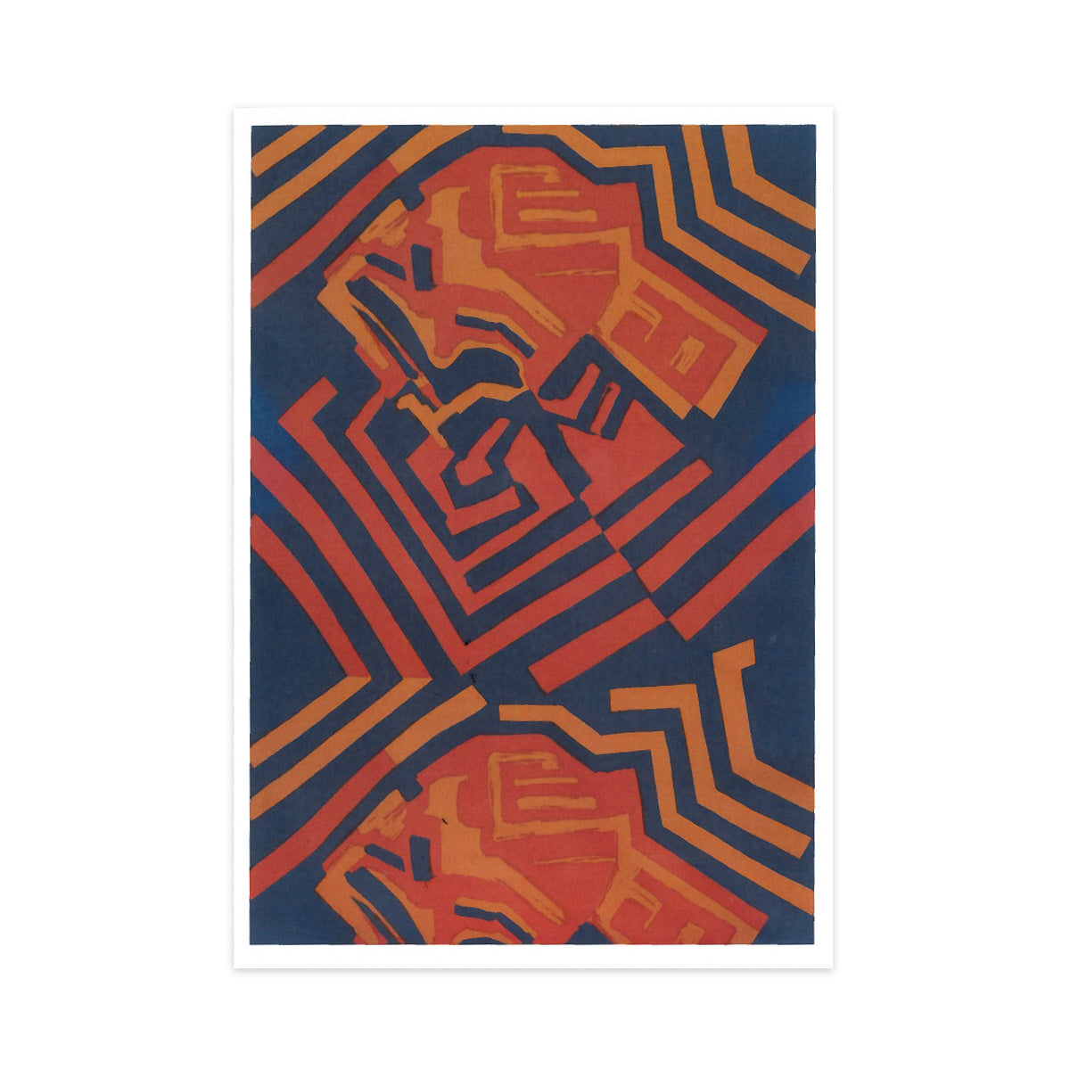 Greetings card featuring a navy and orange geometric design by Shirley Craven.