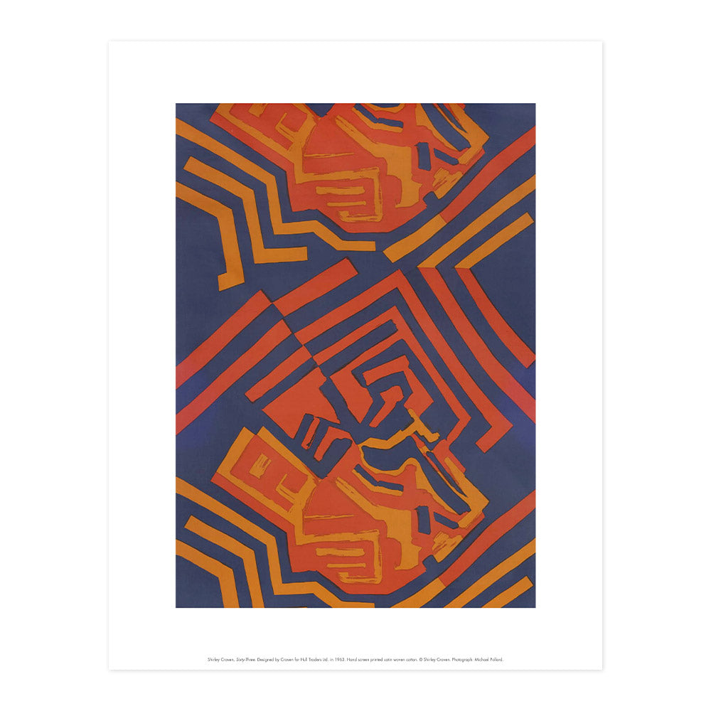 Reproduction of a red and navy geometric textiles piece by Shirley Craven, in print format with a white border.
