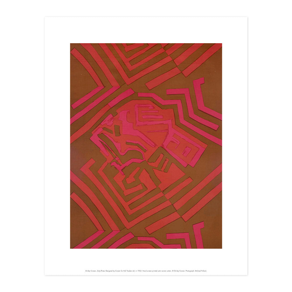 Reproduction of a red and pink geometric textiles piece by Shirley Craven, in print format with a white border.