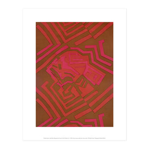 Reproduction of a red and pink geometric textiles piece by Shirley Craven, in print format with a white border.