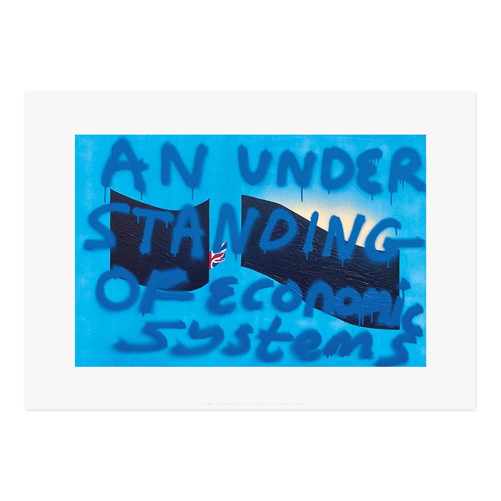 An printed reproduction of an artwork by Amrit Randhawa. Blue spray paint graphic work.