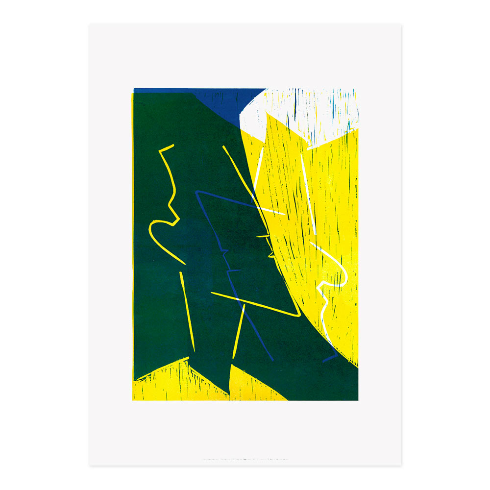 An printed reproduction of an artwork by Amrit Randhawa. Green, yellow, white and blue graphic work.