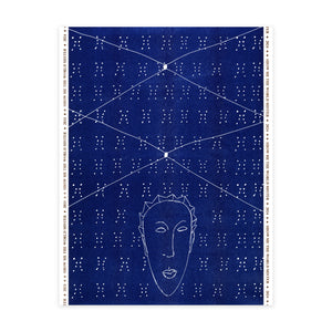 Artwork by Ayo Akinbade. Blue and white repeat dot pattern with a head of a person in white outline at the bottom.