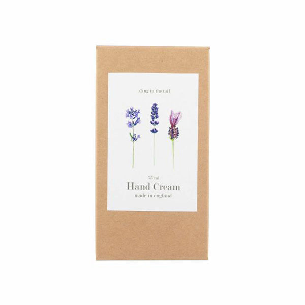 Packaging for hand cream featuring illustration of lavender and other flowers.