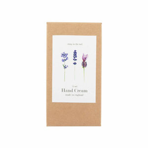 Packaging for hand cream featuring illustration of lavender and other flowers.
