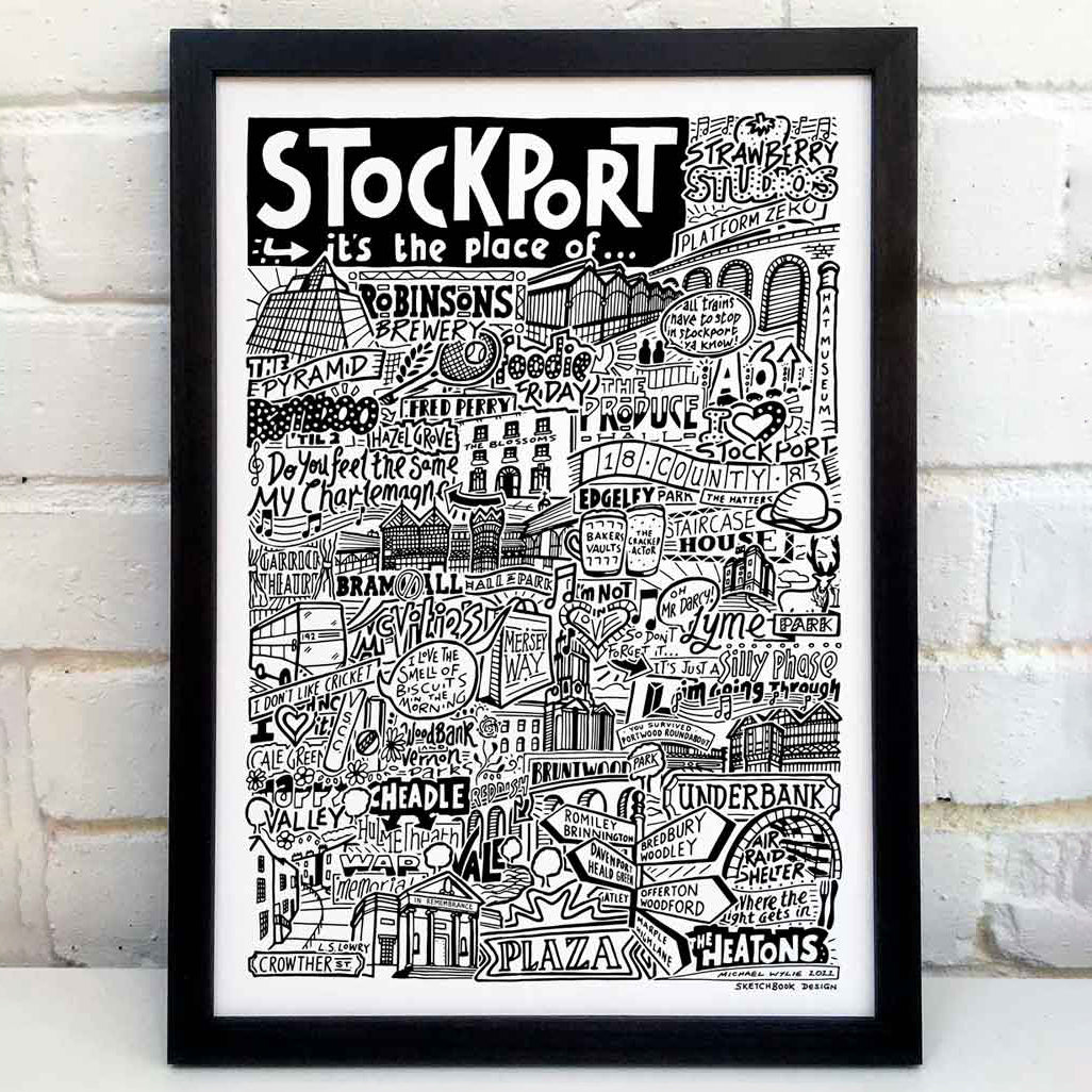 A black and white illustration celebrating Stockport's cultural landmarks and music scene, featuring iconic venues, band names, and local references. Placed in a black frame in front of a white wall.