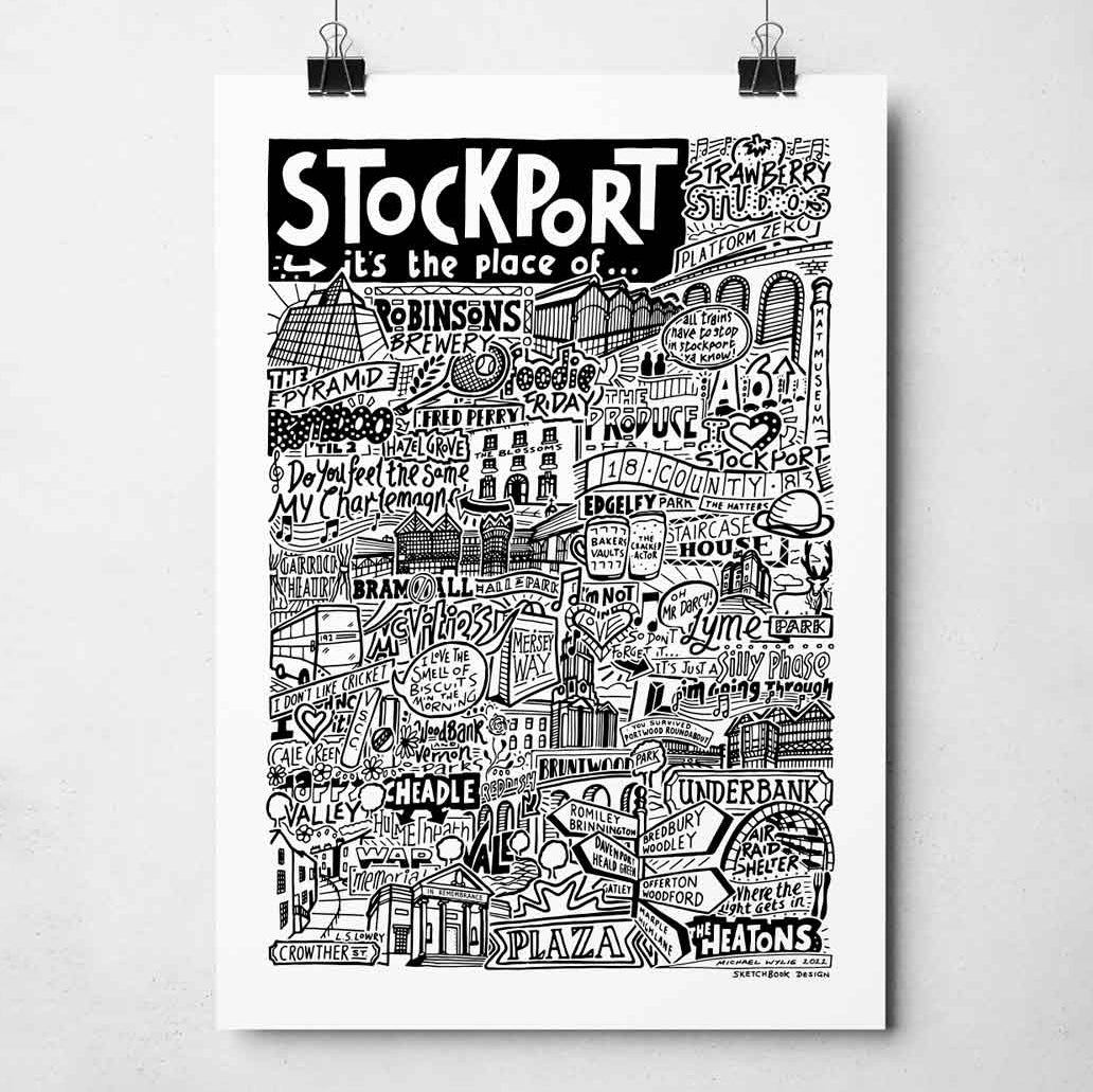 A black and white illustration celebrating Stockport's cultural landmarks and music scene, featuring iconic venues, band names, and local references.