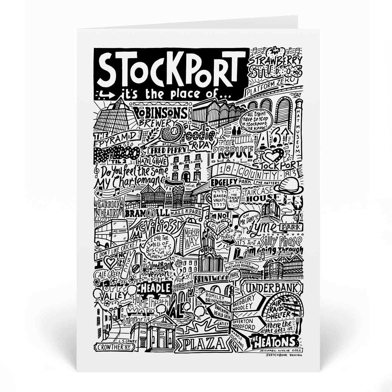 A greetings card with a black and white illustration celebrating Stockport's cultural landmarks and music scene, featuring iconic venues, band names, and local references.