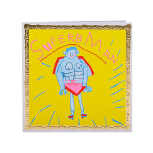 Yellow greetings card with a playful drawing of Superman at the centre