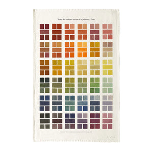A tea towel featuring a grid of watercolour swatches in various colours. The top of the tea towel displays French text.