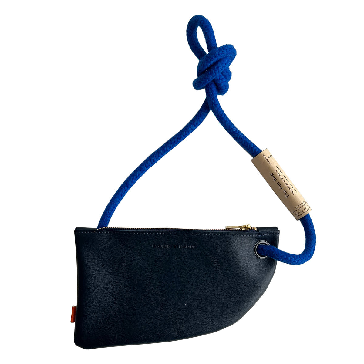 A dark navy leather cross body bag with an electric blue rope handle.