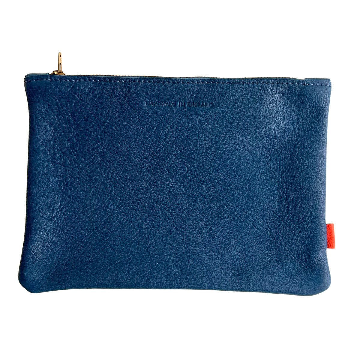 Rectangular navy blue leather pouch on a white background. "Handmade in England" is stamped at the top centre.