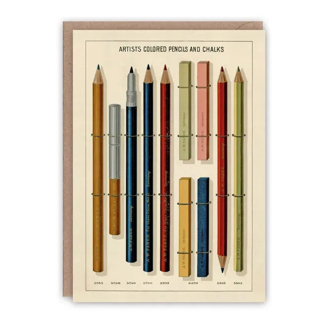 Card with illustrations of pencils and brown envelope