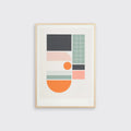 A print in a wooden frame. The print contains a grid of various geometric shapes that echo the shapes found in a lido and swimming pools, in colours grey, light pink, sage green and orange. 