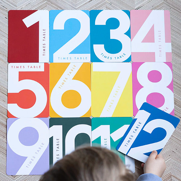 An image of a child playing with colour times-table flashcards