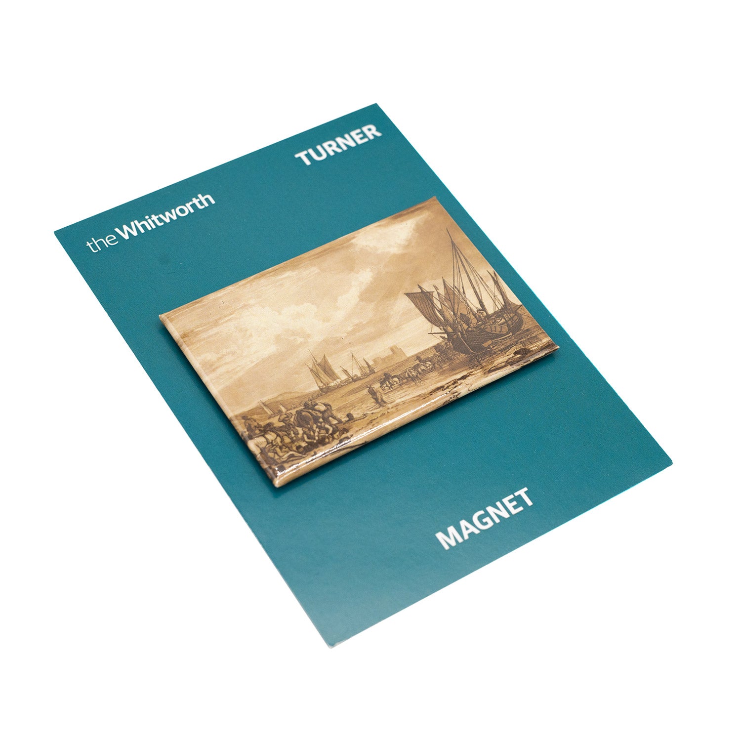 Magnet featuring a sketch of a harbour scene by Turner with ships and figures. Presented on blue backing card.