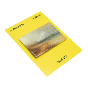 A magnet against yellow backing card. The magnet features a seascape painting by William Turner