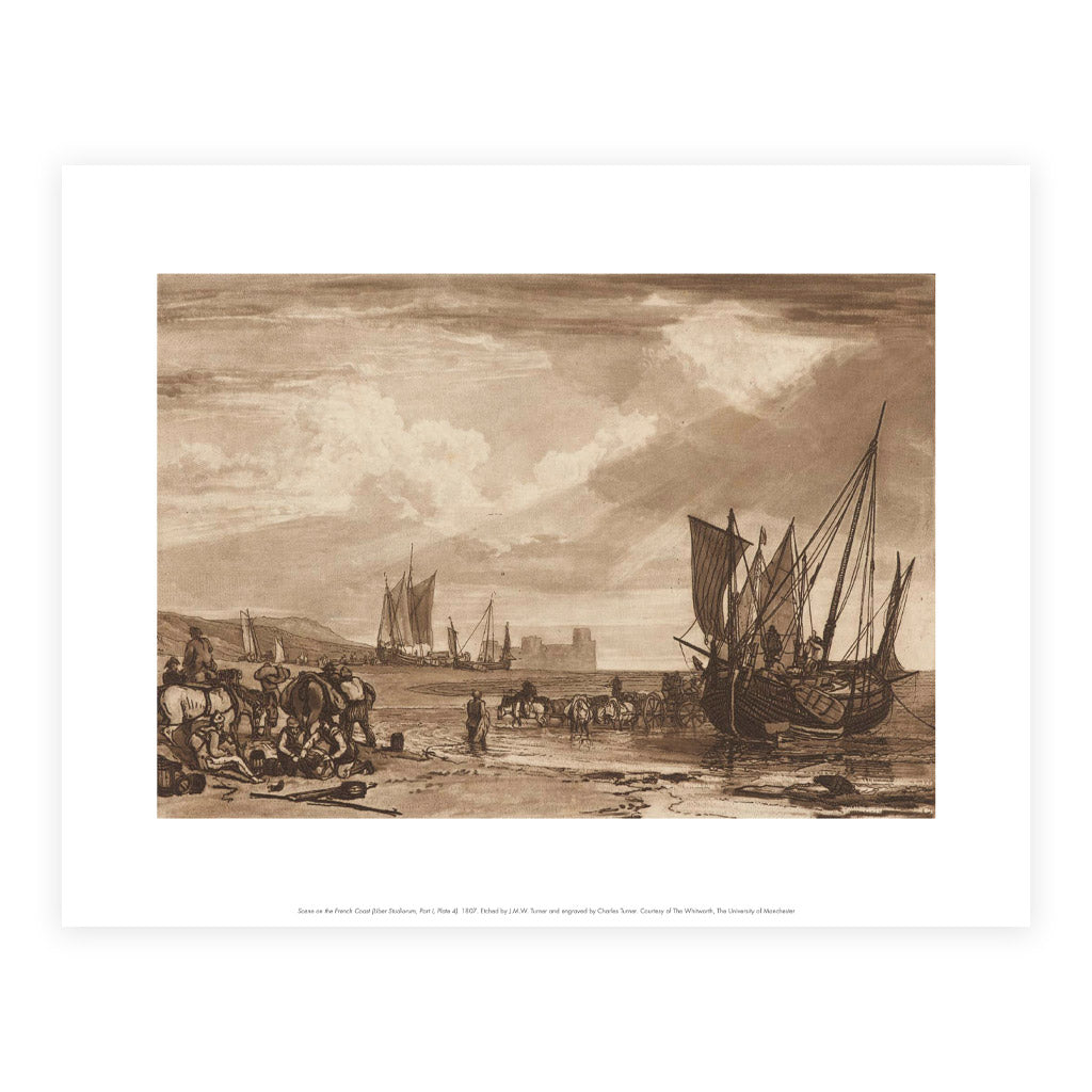 Reproduction of landscape drawing by JMW Turner depicting a ship on the coast