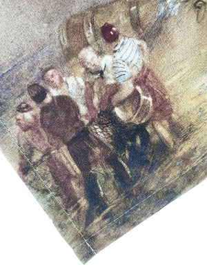 Close up of the tea towel featuring a group of people stood together