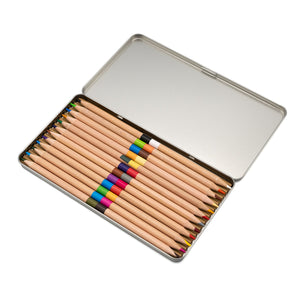 Inside of pencil box with various coloured duo pencils displayed.