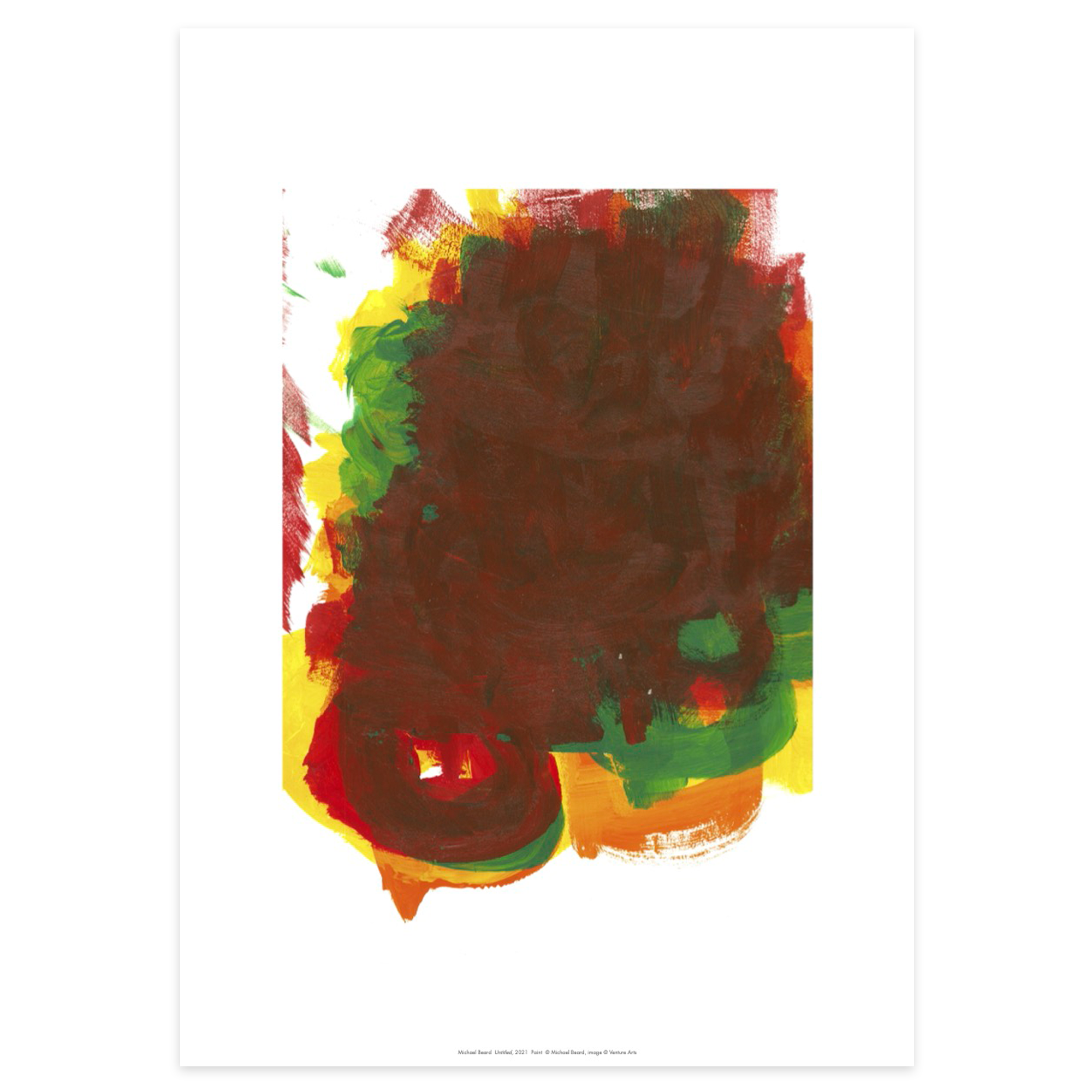 An abstract painting by Michael Beard in colours red, brown, orange and yellow.