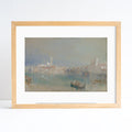 Framed painting of a cityscape with boats on water
