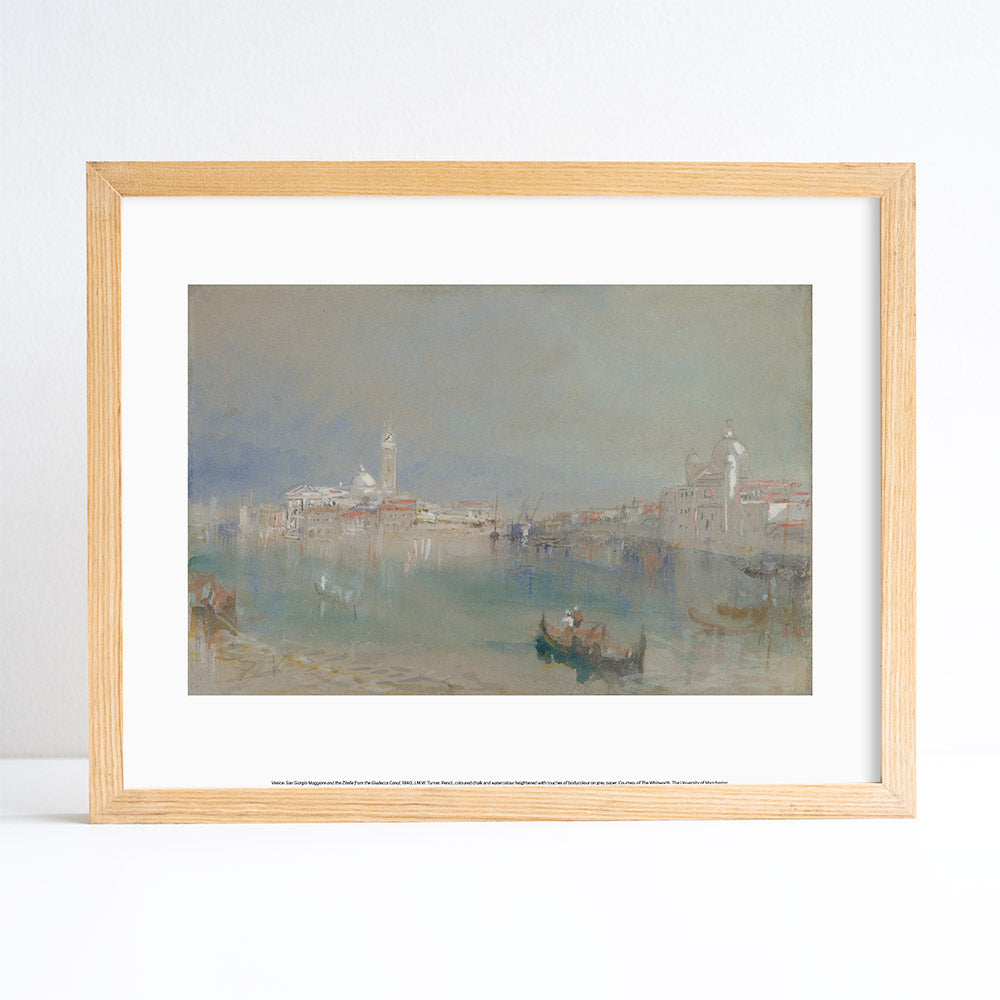 Framed painting of a cityscape with boats on water
