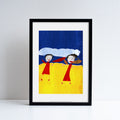 Reproduction of an artwork by Helena Bradley by Helena Bradley featuring two fairies on a beach. Placed in a black frame.