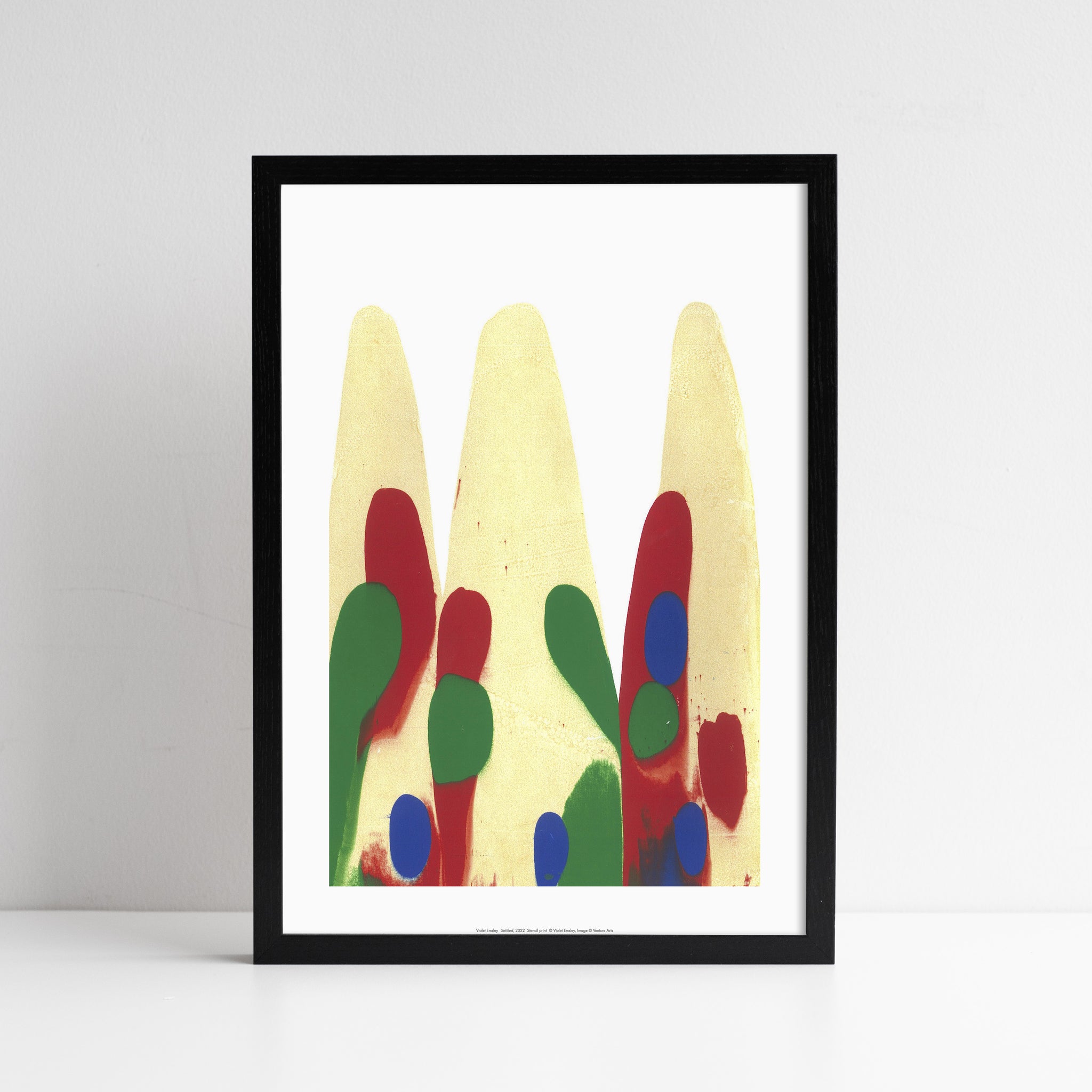 Reproduction of an artwork by Violet Emsley - abstract colourful shapes. Placed in a black frame.