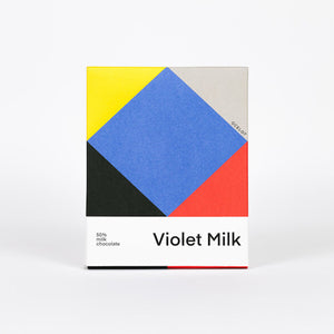 Image of packaging of a milk chocolate bar. Includes an abstract, geometric shape illustration in colours yellow, blue, red and grey.