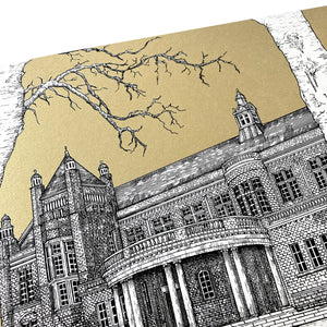 A detailed line drawing of the Whitworth, set against a gold background with a tree in the foreground. 