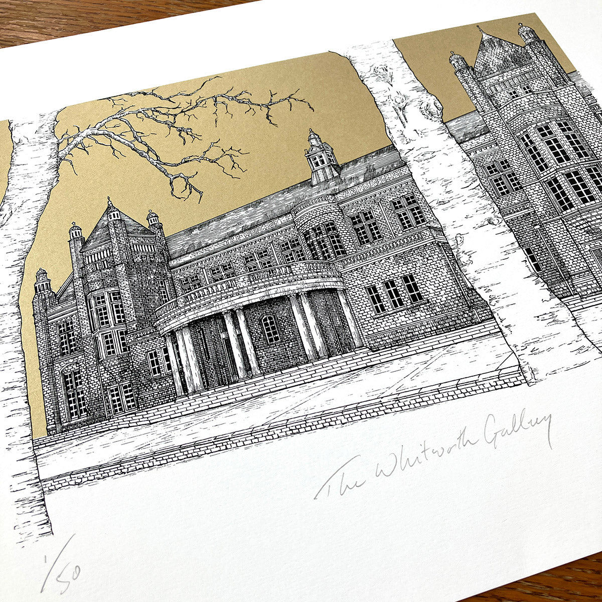 A detailed line drawing of the Whitworth, set against a gold background with a tree in the foreground. 