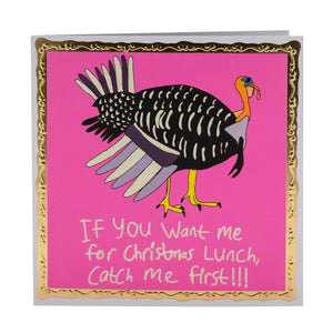 Humorous Christmas card with pink background, gold border and a funny illustration of a Turkey.