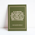 Green print with yellow text on a white background