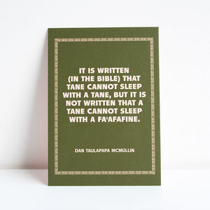 Green print with yellow text on a white background
