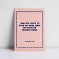 Pink print with yellow text on a white background