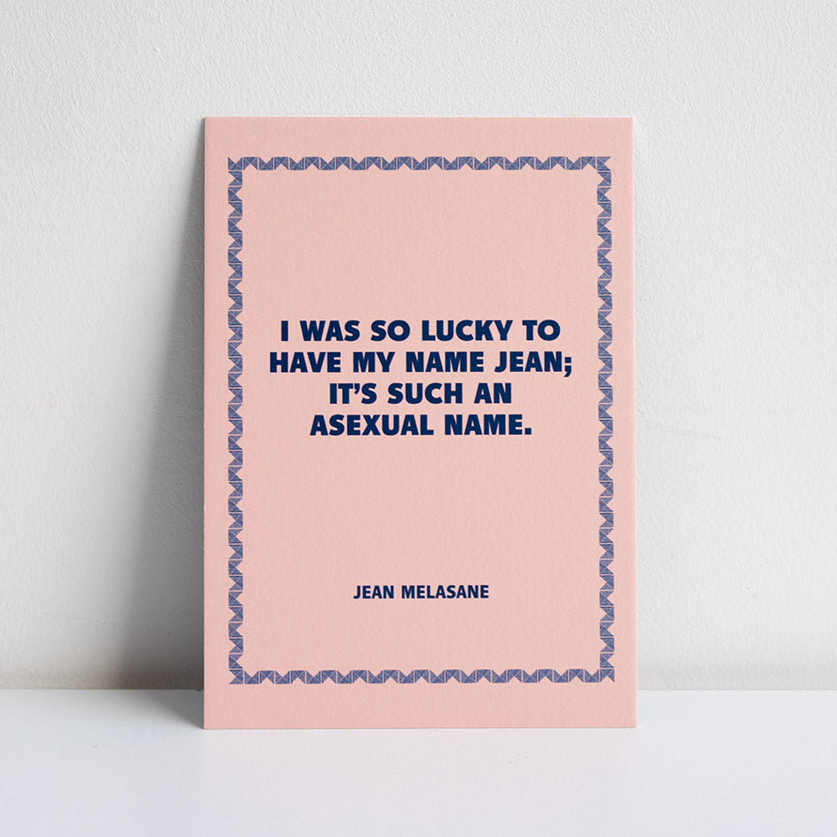 Pink print with yellow text on a white background