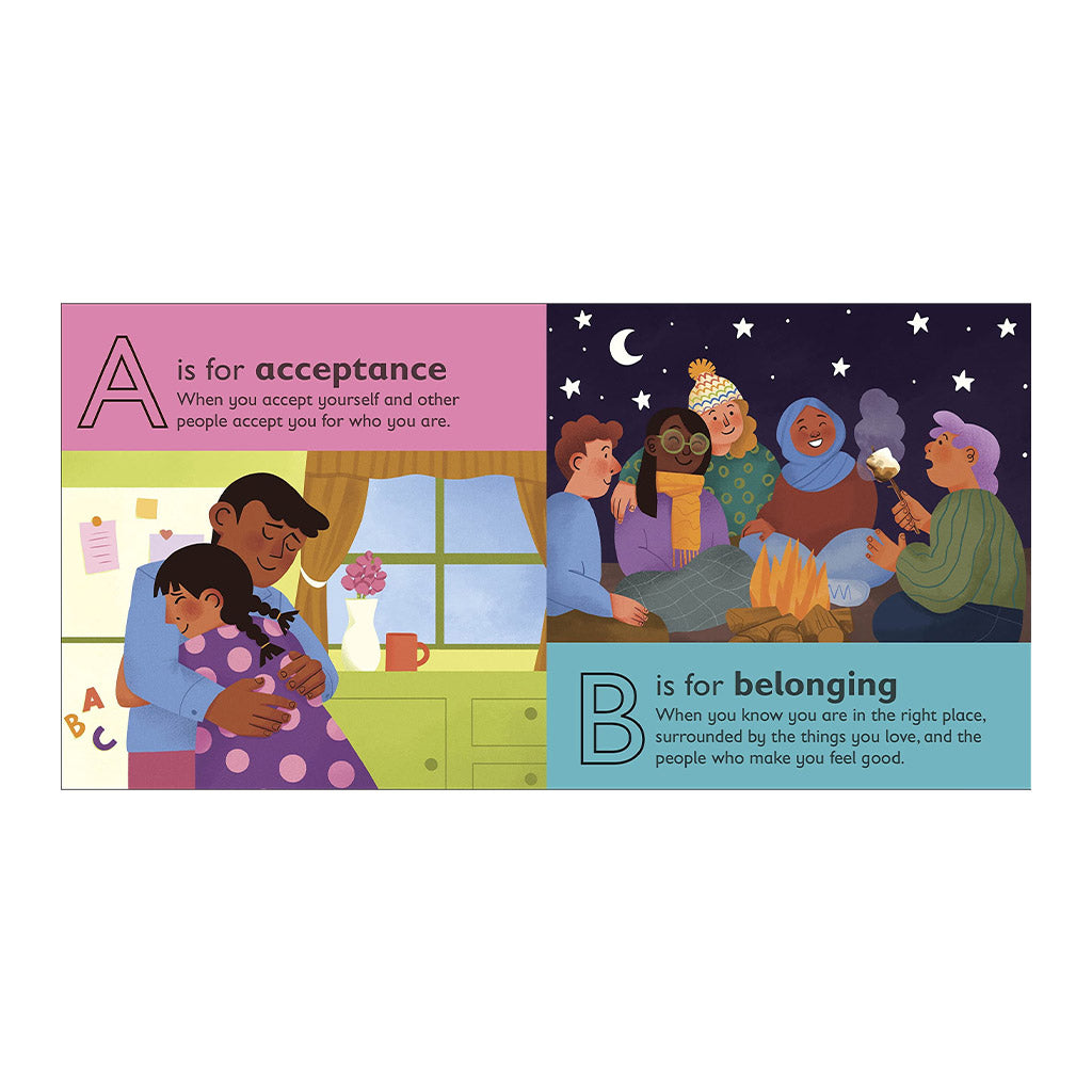 Inside page of book featuring A is for Acceptance and B is for Belonging