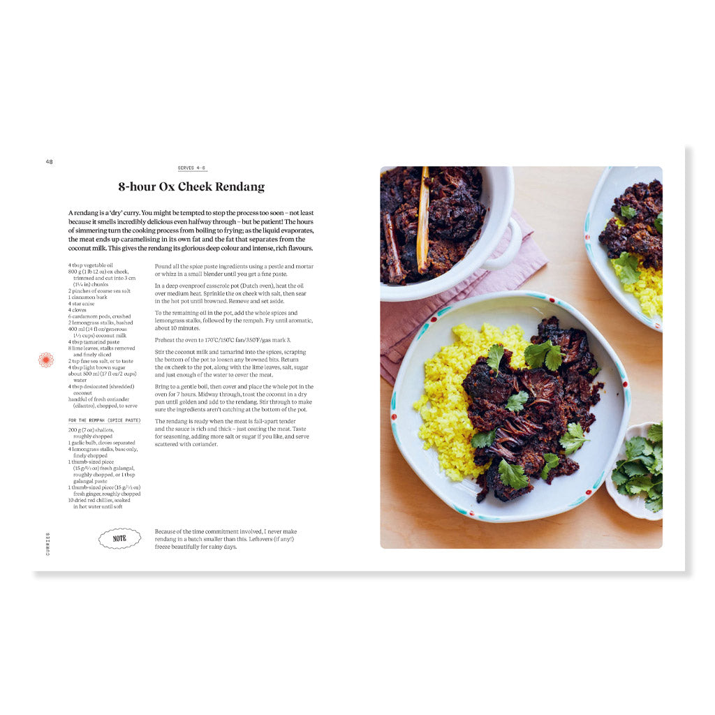 Recipe for 8-hour Ox Cheek Rendang with a photograph of the meal on the right