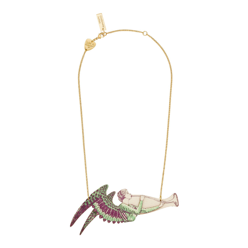 Necklace with a angel of freedom symbol pendant on a white background