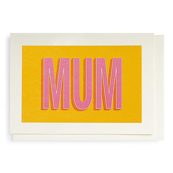 Yellow card with white border. MUM in pink typography across the centre