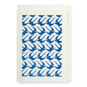 Card with repeat pattern of blue abstract swans. White envelope.