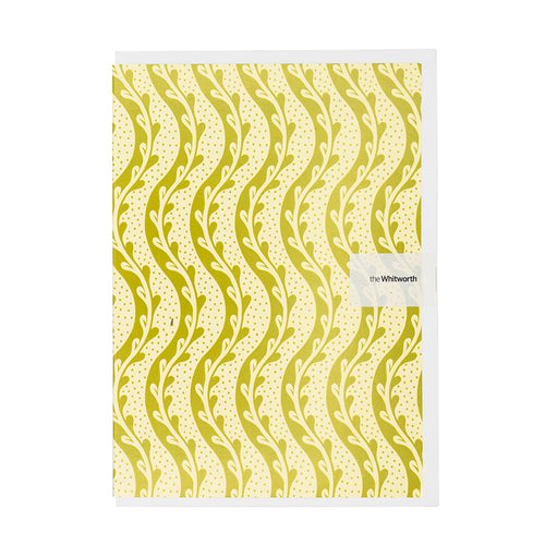 Patterned greetings card with wavy lines and a brand label on a white background