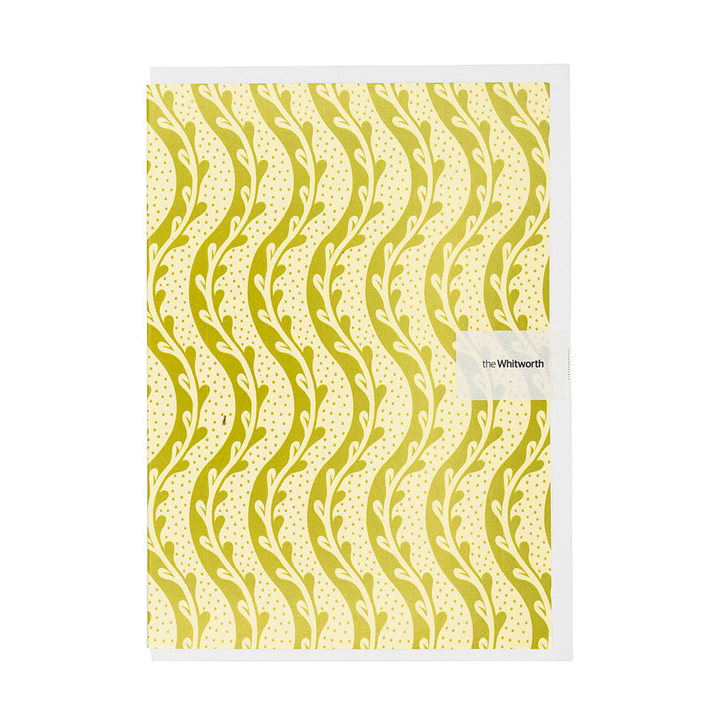 Patterned greetings card with wavy lines and a brand label on a white background