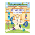 Art gallery sticker book front cover. Illustration of visitors and sculptures outside a gallery.